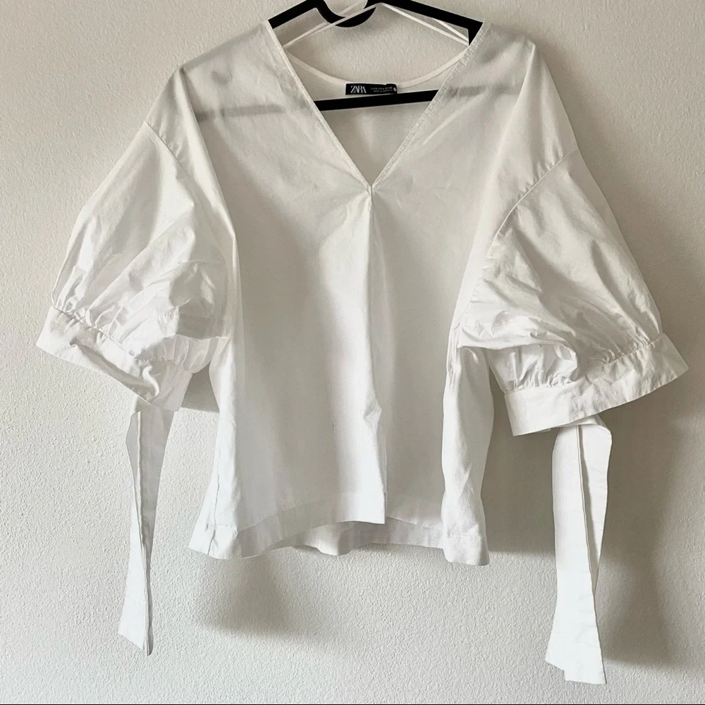 ZARA size S white poplin blouse oversized puff sleeve